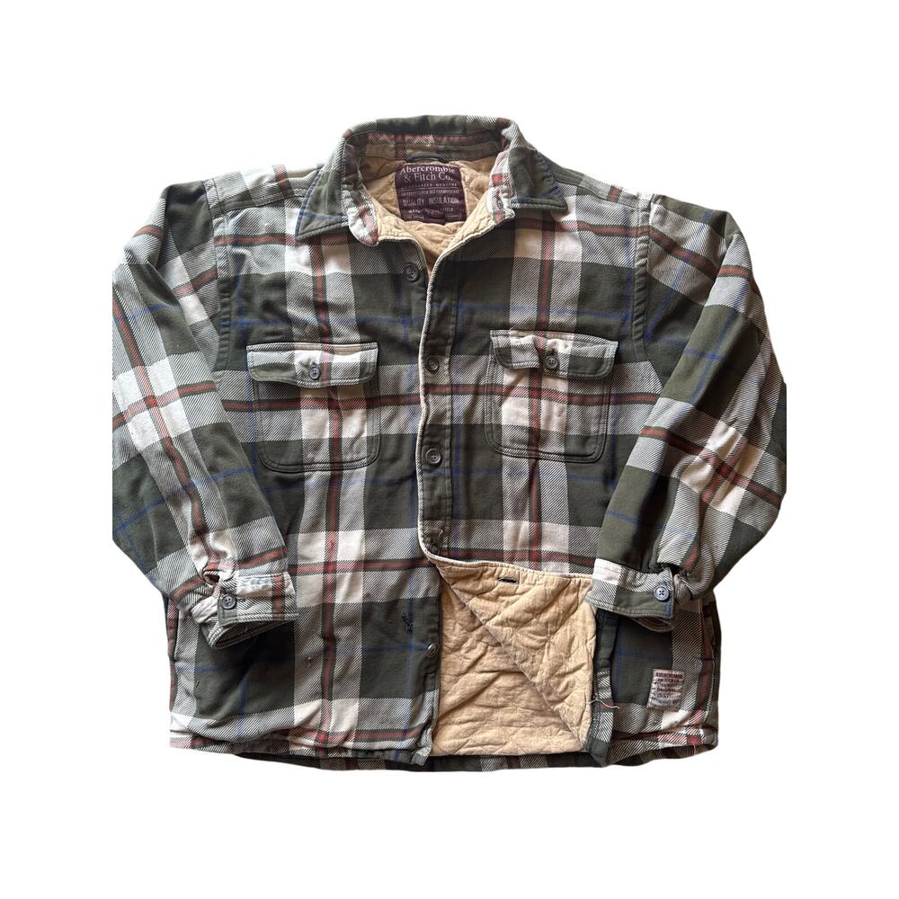 90’s Abercrombie & Fitch Quilted Insulated Green Beige Plaid L Flannel Button Up
